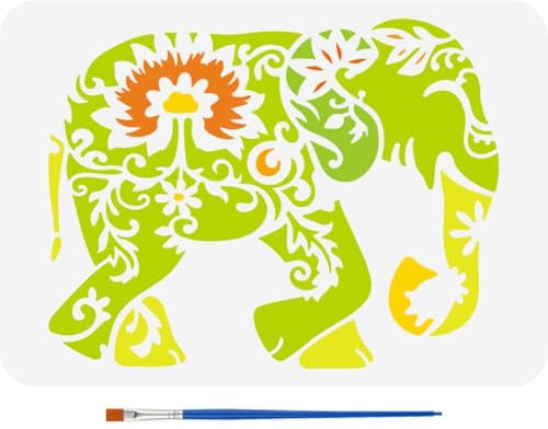 FINGERINSPIRE Mandala Elefanten Malschablone 21x29.7cm Mit Pinsel Ausgehöhlte Elefantenmuster Vorlage Wiederverwendbare Blumenranken Schablone Tiermotiv Vorlage Zum Malen Auf Holz Und Stoff