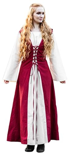 Leonardo Carbone® Damen Kleid Genefe | Mit Kapuze | Schnürung Vorne Und Hinten | Karneval, Halloween, Cosplay, LARP, Mittelalter, Kostüm, Gewand, Festkleid | 100% Baumwolle Rot/Natur L