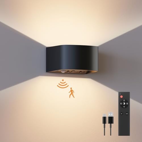 FULEN Akku Wandlampe Innen mit Bewegungssensor,Fernbedienung 3 Farben Wandlicht Up and Down Innen LED Wandleuchte 3 Modi Wiederaufladbare Batteriebetriebene Wandlampen Helligkeit Einstellbar 1 Stück