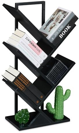 Relaxdays Bücherregal, 4 Ebenen, HxBxT: 71 x 40 x 21,5 cm, Baum-Design, Bücher, CDs, Dekoregal, Wohnzimmerregal, schwarz