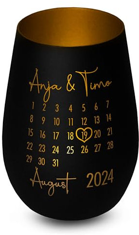 Windlicht aus Glas „Kalender“ personalisiert - Elegantes Geschenk mit Gravur - für sie & ihn - Jahrestag Verlobung Hochzeit Jubiläumsgeschenk - Schwarz-Gold