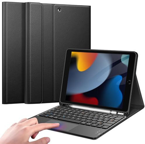 FINTIE Clavier pour iPad 9e / 8e / 7e Génération 10.2 Pouces (2021/2020/2019) - [Pavé Tactile] Clavier AZERTY sans Fil Rechargeable, Housse Multiposition, Fonction de Ranger Le Stylet, Noir