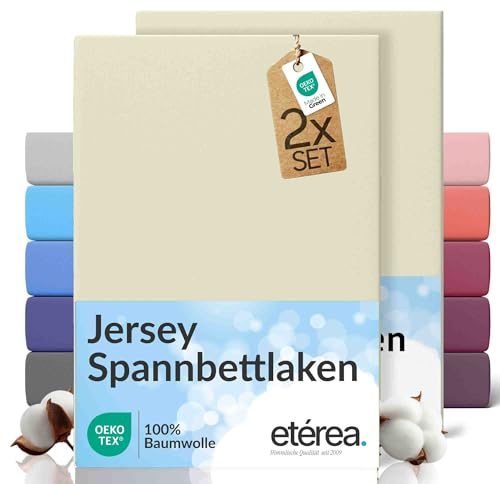 etérea Jersey 2er Set Spannbettlaken 100x200cm - 120x200cm Natur bis 25 cm Höhe - 100% Baumwolle Spannbetttuch Oekotex - Doppelpack Bettlaken 100x200 cm - 120x200 cm - Creme