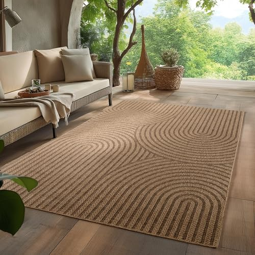 HomebyHome Outdoor Teppich 280x370 cm XXL Wetterfest Pflegeleicht Jute Natur Optik Skandinavisches Boho Design für Wohnzimmer Esszimmer Schlafzimmer Terrasse Balkon
