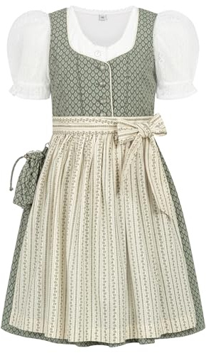 Nübler Dirndl Mädchen - 3 teiliges Set Dirndl Kleid mit Trachtenbluse und Schürze traditionell - Moderne bayrische Tracht, Fredericke in Salbei