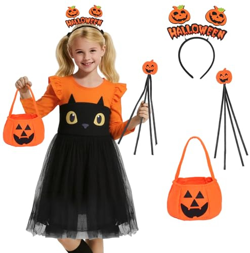 HarnyLoom Deguisement Citrouille Enfant Costume Citrouille Fille Halloween Robe Tutu Manches Longues avec Sacs Serre-tête Fête Cosplay (XL)