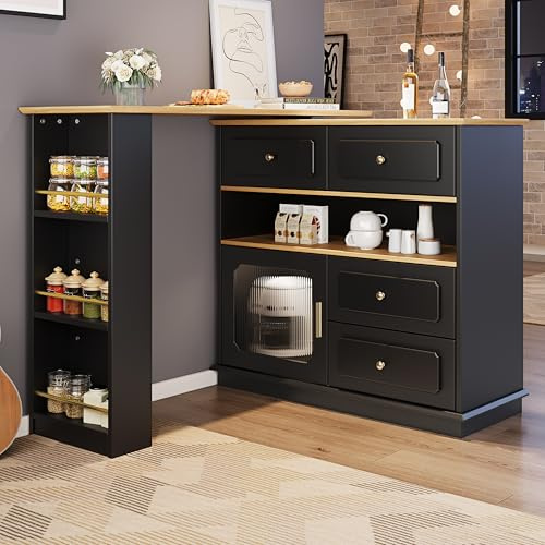 Moimhear Ausziehbarer Stehtisch mit Stauraum (125-181×39×104.5cm), 360° drehbarer Esstisch, fahrbar, Bistrotisch, Sideboard mit Ablagen und Glas (Schwarz+Holzfarbe)