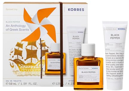 KORRES Black Pepper Duftset für Ihn, Geschenkset mit EDT 50ml und Aftershave 125ml, Vorteilsset mit würzig frischen Duft, vegan