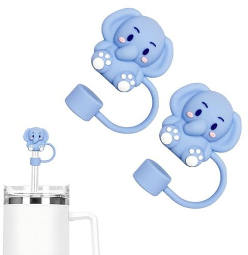 WELTAZ Elephant Straw Topper for Stanley Cup, blue color, 10mm Diameter, Dishwasher Safe, Reusable Drink Covers, Set of 2, Birthday Party Decoration,gifts for children boys
