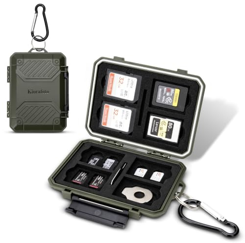 18 Slots Memory Card Case IP67 Waterproof Anti-Shock SD Card Holder | Slim Carrying Card Storage, 8 SD SDHC SDXC & 4 MicroSD TF MSD & 4 CFexpress Type-A & 2 Nano SIM, Travel, Outdoor - GREEN