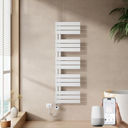 EMKE WiFi Handtuchheizkörper Elektrisch 1320x400 mm - Flach Badheizkörper Elektrisch, Elektrischer Handtuchwärmer Handtuchtrockner Handtuchheizung mit Thermostat und Heizstab - 600W, Weiß