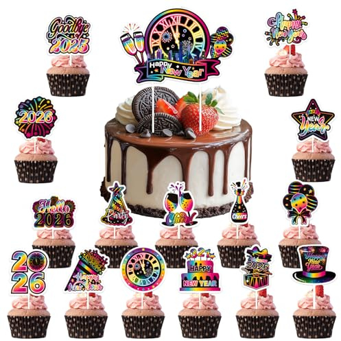 Lets Joy 2026 Happy New Year Tortendeko, 16 Stück Silvester Tortendeko, Neues Jahr Cupcakes Muffin Deko, Geburstagstorte Deko, Kuchendekoration Neujahr Party Zubehör (A)