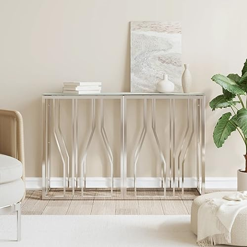 Owoxanthellate Table console en acier inoxydable argenté avec aspect marbre et verre - 110 x 30 x 70 cm - Table latérale moderne pour salon, couloir, chambre à coucher