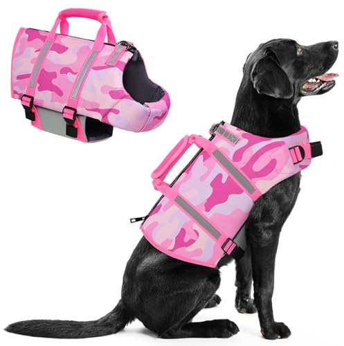 PUZAUKAL Schwimmweste Hunde mit Rettungsgriff, Reißverschluss-Verschluss | Hoher Auftrieb Hundeschwimmweste für Große Hunde, Verstellbare Kleine Mittel Rettungsweste für Wassersport, Camo Rosa XL