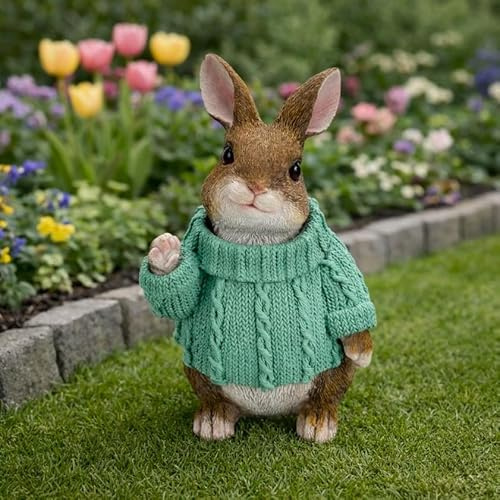 Online Fuchs Gartenfiguren für draußen süßer Hase mit türkisen Pullover - Deko Garten Figuren für Ostern, Frühling und Sommer – 23 cm groß – wetterfest