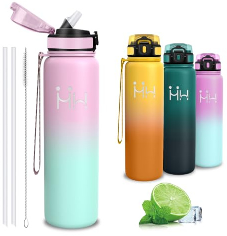 Gourde Isotherme, Gourde 1l, sans BPA, Bouteille Isotherme avec Paille