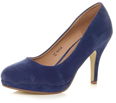 Ajvani Womens Ladies mid high Heel Platform Work Evening Court Shoes Pumps , Cobalt Blue Suede, 4 UK
