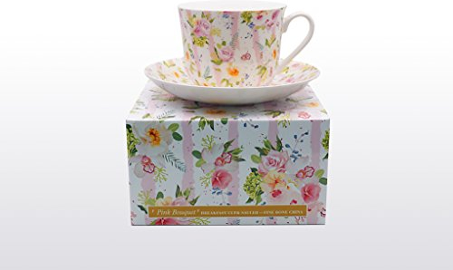 Bone China Breakfast Cup/Saucer Pink Bouquet Gift Boxed Postage Free UK