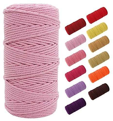 SUNTQ Cordón de macramé Algodón de poliéster Trenzado de 4 Hilos 3mm x 100m Cuerda de algodón Suave para Colgar Plantas artesanales Colgar artesanías, decoración de Tejer, Hilo de algodón Rosado