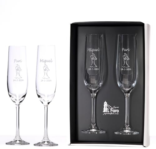JOYERIA EL FARO | Copas grabadas para novios | Copas personalizadas para bodas | Cristal de Bohemia de alta resistencia | Estuche premium incluido | Brinda y celebra el amor
