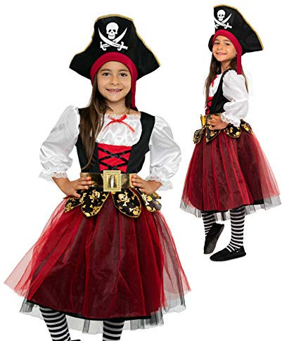 Magicoo schickes Piratenkostüm Mädchen Kinder Gr 116 bis 146 inkl. Kleid & Hut - Piraten Kostüm Fasching (140/146)