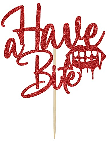 Have a Bite Cake Topper Decorations, Vampire Themed Birthday Halloween Party Decorations Red Glitter