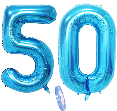 Folienballon Zahl Deko Blau 50 für Frauen Männer,XXL 100cm Riesen Nummer Aufblasbar Helium Ballon Blue Figuren Zahlen Luftballons für 50. Jahre Mann Frau Geburtstag Hochzeit Jubiläum Party Dekoration