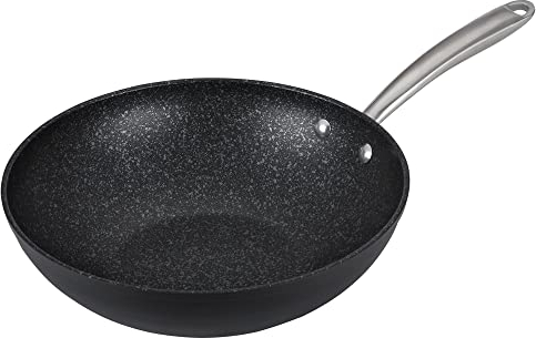 Prestige Scratch Guard Wok Non Stick 29cm - Induction Suitable Wok Pan, Scratch Resistant, Easy Cleaning Ceramic Exterior with Steel Base, Oven & Dishwasher Safe Cookware, Black