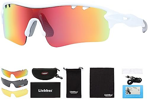 Liekkas Lunettes de soleil de sport polarisées pour homme et femme avec 3 verres interchangeables pour course à pied, cricket, VTT, vélo - Blanc et orange