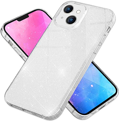 NALIA Glitzerhülle für iPhone 14 Plus - Hülle, Silber | Partikel fest im Material eingeschlossen, 3-Schicht-Schutzaufbau mit Hardcase-Kern, Erhöhter Kamerarand, SHINEPOP