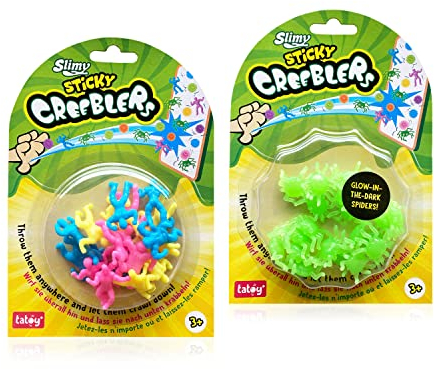 Tatoy Slimy Sticky Creebler GID Spider & Heros Doppelpack - Original Wandkrabbler, klebrige Fensterläufer, Creeblers & Heros, Sensory Antistress Fidget für Kinder (ab 3 Jahre)