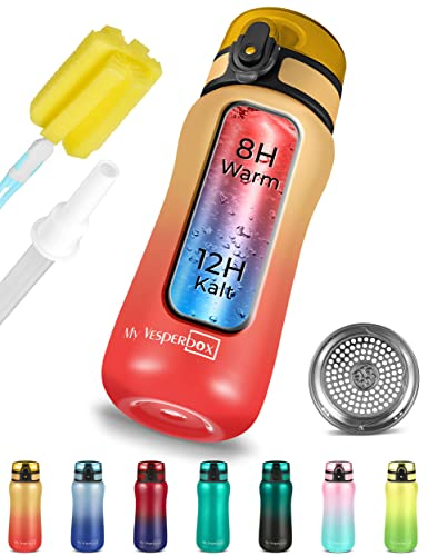 My Vesperbox - Edelstahl Thermos Trinkflasche auslaufsicher - mit Strohhalm oder Sieb - 400 ml, 600ml - BPA FREI - für Kindergarten, Schule (Rot - Orange, 400 ml)