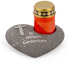 Novaliv Grabschmuck Herz Anthrazit mit Kreuz Spruch In stillem Gedenken inkl. LED Grablicht Rot Grabdeko Grabherz Wetterfest Grabdekoration Gedenkstein Teelichthalter Trauerstein