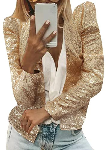 Damen Pailletten Jacke Cardigan Langarm Pailletten Bolero Tops Oberteile Eleganter Blazer Glitzer Party Outfits Clubwear Strickjacken Glitzer Kurze Jacke Langarm Cardigan Top für Tanz (Gold, XXL)