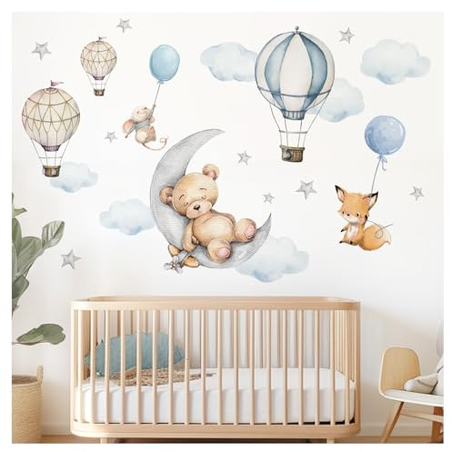 DEKO KINDERZIMMER Wandsticker Tiere Bär Fuchs Kinderzimmer Wandtattoo Heißluftballons Wandaufkleber Mond Wolken Sterne Babyzimmer Wanddeko DK1062-4