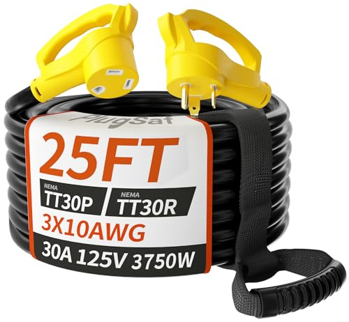 25 FT 30 Amp RV Extension Cord Outdoor with Grip Handle, Flexible Heavy Duty 10/3 Gauge STW RV Power Cord Waterproof with Cord Organizer, NEMA TT-30P to TT-30R, Black-Yellow, ETL Listed