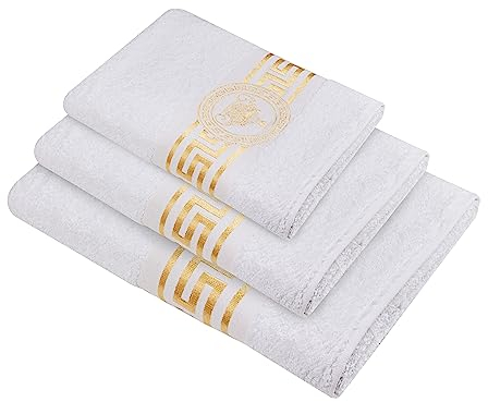 Belle Arti Premium Mäander Löwen & Amphore Handtücher Duschtücher Gästetücher Saunatücher Flauschige Frottee Baumwolle in Weiss und schwarz (3er Set, Weiss)