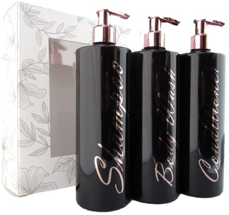 3 x Mrs Hinch PET Empty Refillable Bottles Shampoo Body Wash Shampoo 500ml With Chrome Lotion Tops For Soap Gel Liquid Luxury Bathroom Personalised Dispenser Pump Bottles Set (Black/Rose Gold)