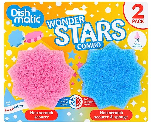 Dishmatic Wonder Stars, Non-Scratch Scourer and Sponge Combo, Multipurpose, Heat Sensitive, Pink and Blue, Pack of 2