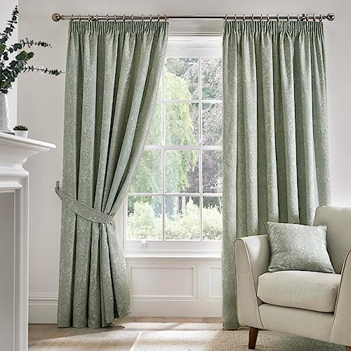 Dreams & Drapes 70 Curtains - 100% Cotton Pair of Pencil Pleat Curtains With Tie-Backs - 46 Width x 72 Drop (117 x 183cm) in Aveline, Green