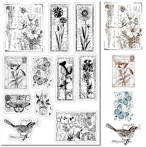 craspire Blumen Postkarte Klarer Gummistempel Mohn Motten Vögel Schmetterling Pflanzen Vintage Transparente Silikonsiegel Stempel Für Journaling Kartenherstellung DIY Scrapbooking Handgemacht