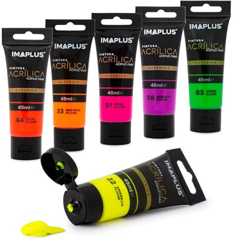 IMAPLUS Pintura Acrílica 6 x 45 ml - Pack pinturas, 45 Colores, 6 Tubos o botes de Pintura, No Tóxica, para Manualidades, Lienzos, Tela, Madera - Pack Flúor