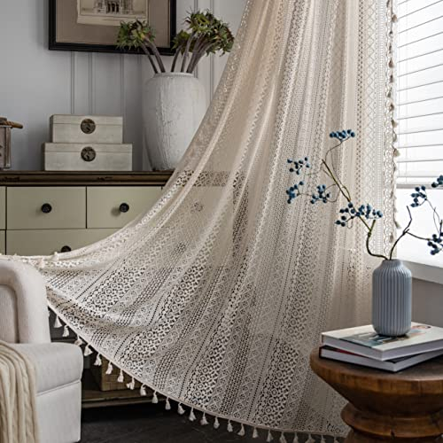 Sutuo Home Cortinas Bohemias Beige de Encaje de Ganchillo semitransparentes Bohemias con borlas Hechas a Mano, Bolsillo para Barra, Cortinas rústicas Vintage para Puerta corredera de Cristal, 1 Panel