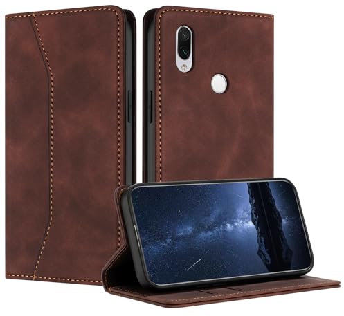 Mo-Beauty Cover Custodia per Xiaomi Redmi Note 7, Custodia in PU Pelle Portafoglio Antiurto Wallet Libro Flip Case Magnetica Supporto Cover a Libro con Slot per Schede Case (Marrone)