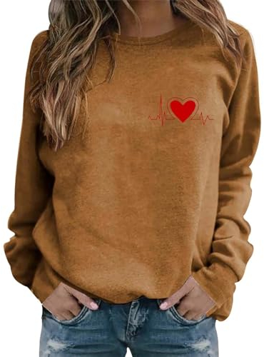 Ladies Heart Print Pullover Round Neck Casual Valentine's Day Love Printed Long Sleeved Top Sweatshirt Trendy Blouse Basic Tops A-274