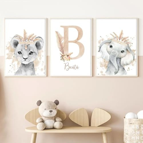 3 Laminas Personalizadas Bebe Cuadros Iniciales Poster Animales Selva León Elefante Jirafa Habitacion Infantil Decoración Pared Habitación Niño Niña Regalo 30x40 cm sin Marco