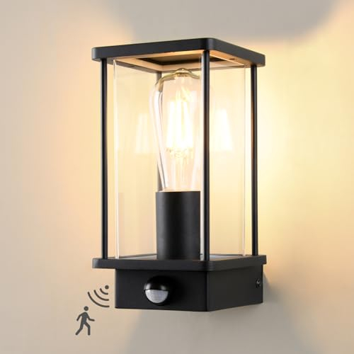 BRIMMEL Motion Sensor Outdoor Wall Lights Mains Powered, Black Outside Wall Lantern, Aluminum Waterproof Anti-Rust, Dusk Till Dawn Outdoor Sensor Wall Lights for Front Door, Porch, Bulb not Included