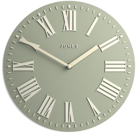 JONES CLOCKS® Strand orologio da parete | Orologio convesso classico moderno | 30cm | Verde salvia pallido | Numeri romani| Ideale per la cucina, il soggiorno, l'ufficio o la camera da letto