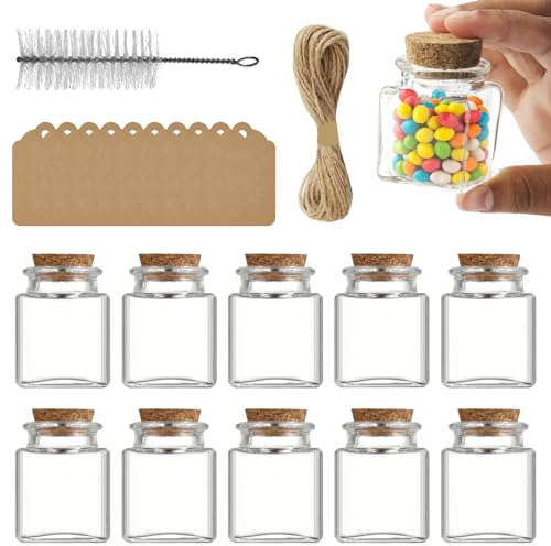 Svitzoot 10Pz Pequeñas Botellas de Vidrio con Tapón de Corcho 4,3 * 4,3 * 5,5cm Tarros de Caramelo 50ml Tarros de Almacenamiento Cuadrados como Favores de Boda Tarjeta de Acompañamiento y Cuerda
