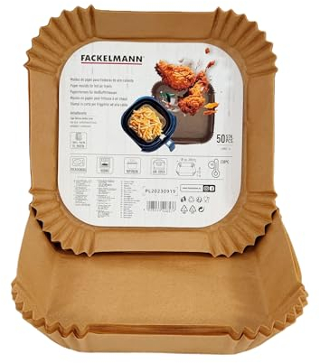 Fackelmann Bandejas de Papel para Freidora de Aire, Papel Air Fryer Cuadrado, Antiadherente y Resistente hasta 230ºC, Accesorios Freidora de Aire, 20x4,5 cm, Apto para Cosori, Cecotec y más, 150 uds.